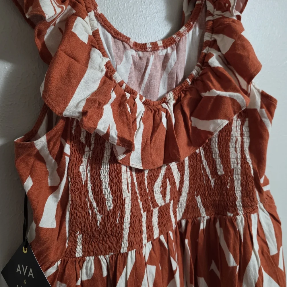 Ava & Viv Linen Blend Abstract Rust Ruffle Midi Dress Smocked Back Rayon Cruise - Picture 9 of 11